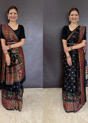 Pandadi Saree Women's Balck Pashmina Kashmiri Silk Saree With Unstitched Blouse Piece 