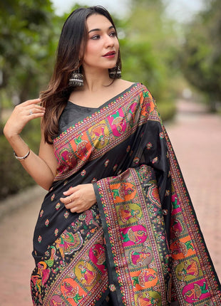 Pandadi Saree Women's Balck Pashmina Kashmiri Silk Saree With Unstitched Blouse Piece 