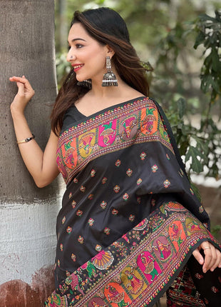 Pandadi Saree Women's Balck Pashmina Kashmiri Silk Saree With Unstitched Blouse Piece 