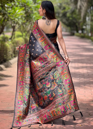 Pandadi Saree Women's Balck Pashmina Kashmiri Silk Saree With Unstitched Blouse Piece 