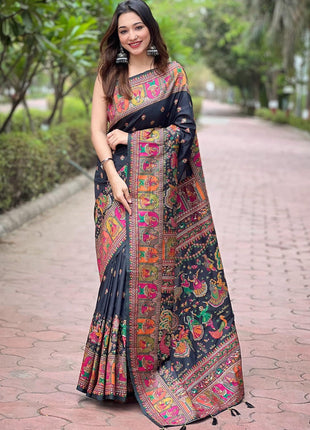 Pandadi Saree Women's Balck Pashmina Kashmiri Silk Saree With Unstitched Blouse Piece 