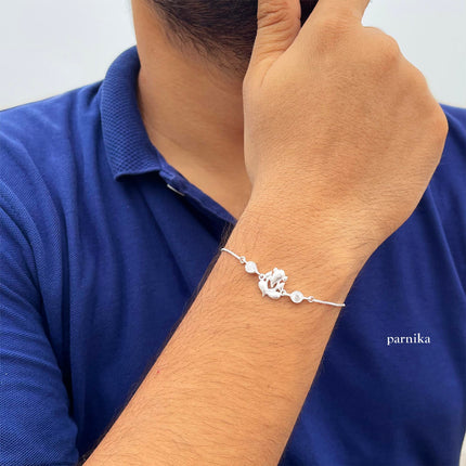 Parnika 925 Om Ganesha Rudraksha Infinity Bro Shiv Bhai Adjustable Silver Rakhi Bracelet For Brother in 92.5 Sterling Silver for Boys and Men | Chandi ki Rakhi | Gift Box Roli Chawal (Ganeshji CZ) 