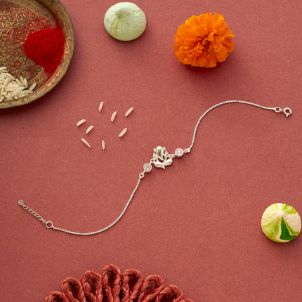 Parnika 925 Om Ganesha Rudraksha Infinity Bro Shiv Bhai Adjustable Silver Rakhi Bracelet For Brother in 92.5 Sterling Silver for Boys and Men | Chandi ki Rakhi | Gift Box Roli Chawal (Ganeshji CZ) 