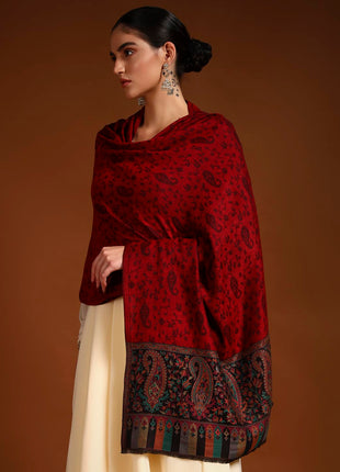 Pashmoda Women Gulpari Kaani Stole, Authentic Kashmiri Luxury Pashmina Style Shawl, Stole, (Size 28x80 Inches, Maroon Color) MAVST06 