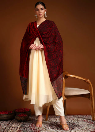 Pashmoda Women Gulpari Kaani Stole, Authentic Kashmiri Luxury Pashmina Style Shawl, Stole, (Size 28x80 Inches, Maroon Color) MAVST06 