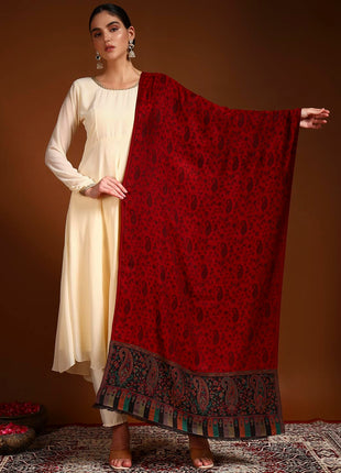 Pashmoda Women Gulpari Kaani Stole, Authentic Kashmiri Luxury Pashmina Style Shawl, Stole, (Size 28x80 Inches, Maroon Color) MAVST06 