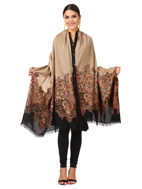 Pashtush Women's Kashmiri Jamawar Shawl, Jacquard palla, Warm and soft, Faux Fine Wool (Black and beige) 