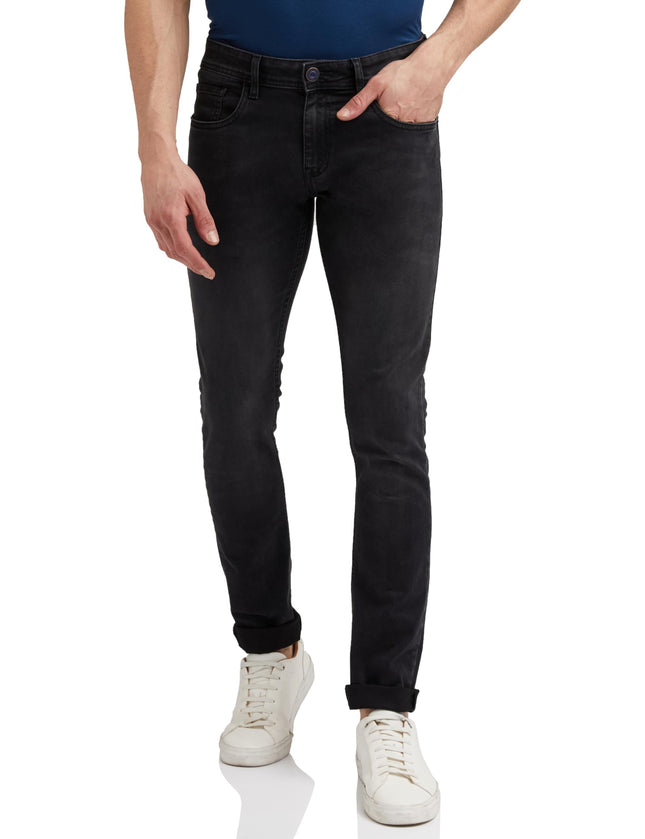 Peter England Men's Premium Skinny Fit Stretchable Mid Rise Jeans Black, 30 
