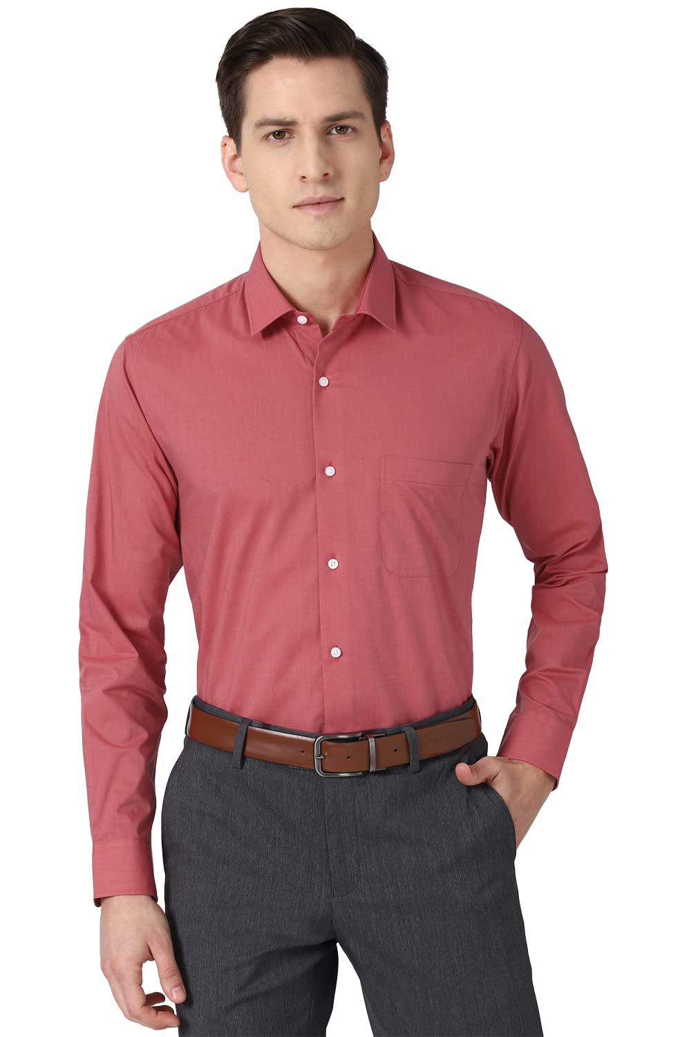Peter England Men's Solid Regular Fit Shirt (PESFONUBM17140_Red 44) 