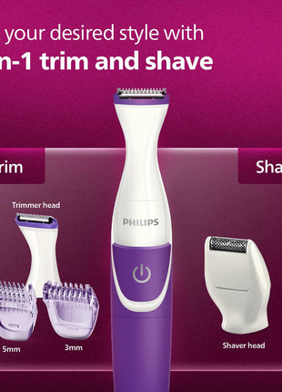 Philips Body Trimmer for Women, Skin Safe with Rounded Tips, 2in1 Trim or Shave, Hair Removal for Intimate Areas, Arms, Legs & Body, No Skin Irritation, Travel Friendly I 2 Year Warranty - BRT383/15 