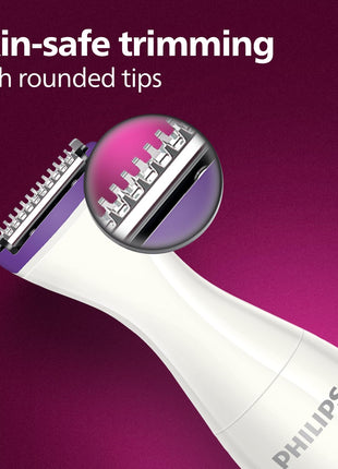 Philips Body Trimmer for Women, Skin Safe with Rounded Tips, 2in1 Trim or Shave, Hair Removal for Intimate Areas, Arms, Legs & Body, No Skin Irritation, Travel Friendly I 2 Year Warranty - BRT383/15 