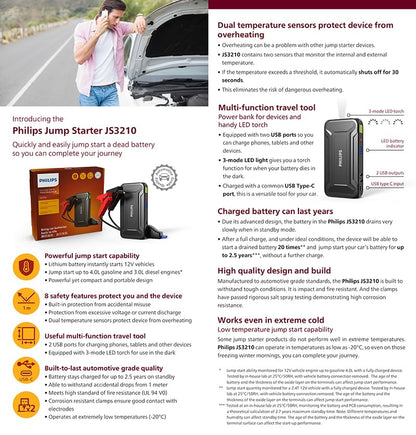 Philips Car Jump Starter JS3210 | Compact Design | Compatible with 4.0L Petrol Engine, 3.0L Diesel Engine and Two Wheeler | 9900mAH 
