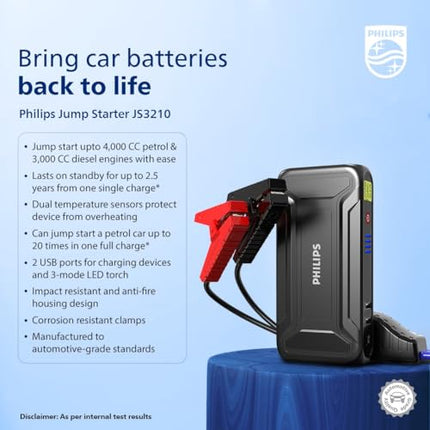 Philips Car Jump Starter JS3210 | Compact Design | Compatible with 4.0L Petrol Engine, 3.0L Diesel Engine and Two Wheeler | 9900mAH 