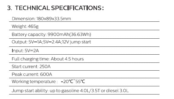 Philips Car Jump Starter JS3210 | Compact Design | Compatible with 4.0L Petrol Engine, 3.0L Diesel Engine and Two Wheeler | 9900mAH 