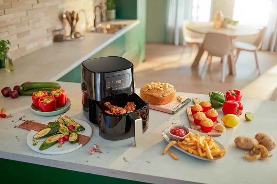 Philips Essential Air Fryer HD9252/70 with Rapid Air Technology, uses up to 90% less fat, 7 Presets Touch Screen 
