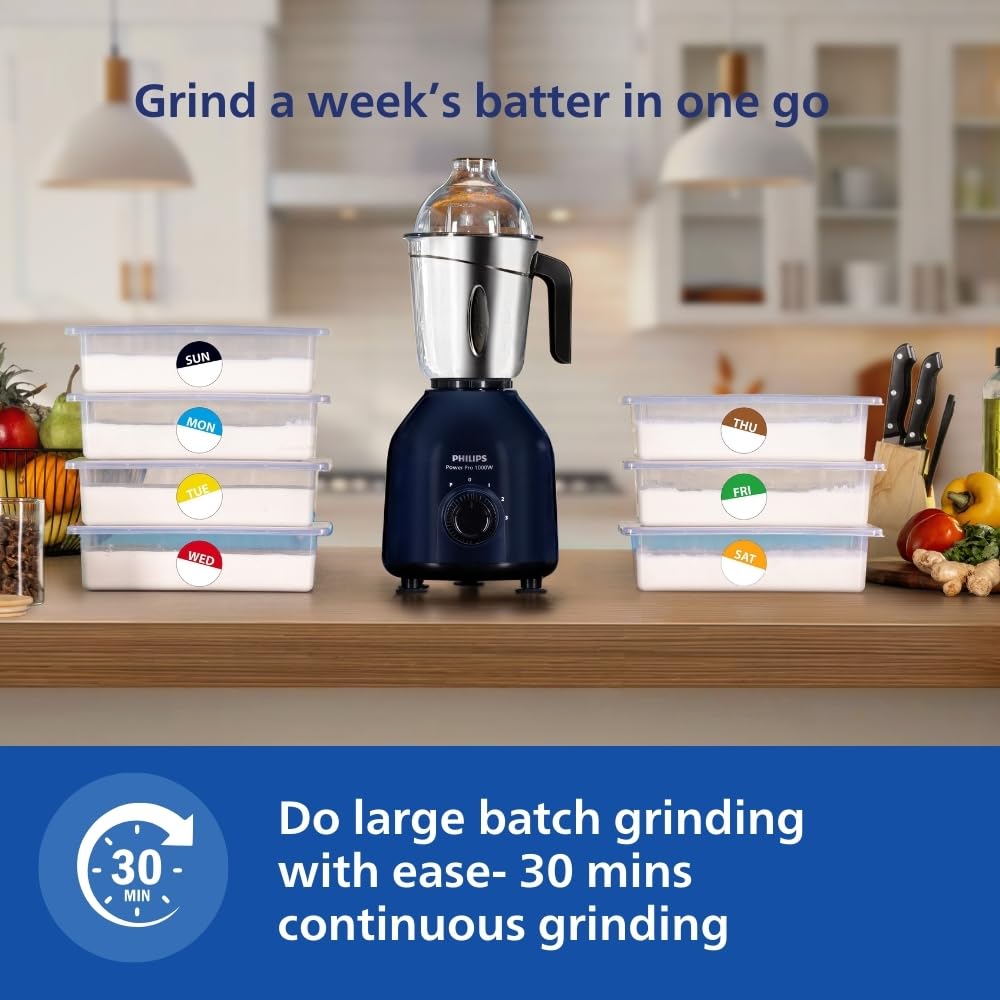 Philips HL7713/01,1000 W PowerPro Motor Mixer Grinder, 3 Jars (Azure Blue), Edged blade made of superior SS304 material, Quick cool ventilation for longer motor life 