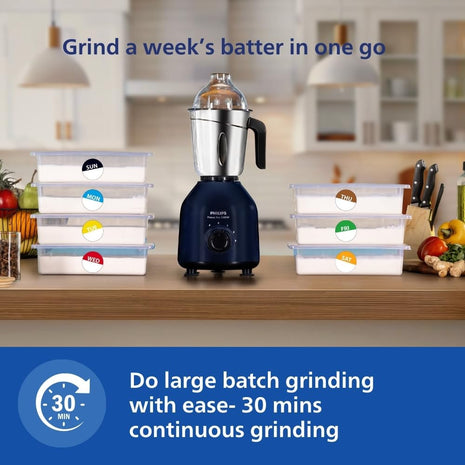 Philips HL7713/01,1000 W PowerPro Motor Mixer Grinder, 3 Jars (Azure Blue), Edged blade made of superior SS304 material, Quick cool ventilation for longer motor life 