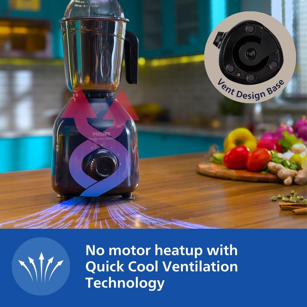 Philips HL7713/01,1000 W PowerPro Motor Mixer Grinder, 3 Jars (Azure Blue), Edged blade made of superior SS304 material, Quick cool ventilation for longer motor life 