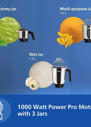 Philips HL7713/01,1000 W PowerPro Motor Mixer Grinder, 3 Jars (Azure Blue), Edged blade made of superior SS304 material, Quick cool ventilation for longer motor life 