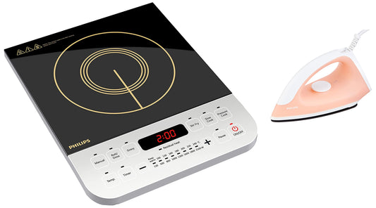 Philips Viva Collection HD4928/01 2100-Watt Induction Cooktop (Black) & Classic GC097/50 750-Watt Dry Iron (Peach) Combo 