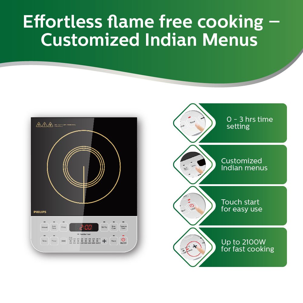 Philips Viva Collection HD4928/01 2100-Watt Induction Cooktop (Black) & Classic GC097/50 750-Watt Dry Iron (Peach) Combo 