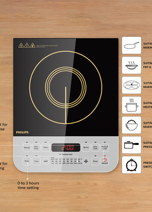 Philips Viva Collection HD4928/01 2100-Watt Induction Cooktop, Soft Touch Button with Crystal Glass (Black) 