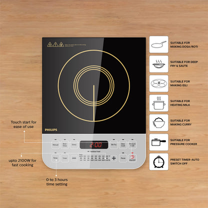 Philips Viva Collection HD4928/01 2100-Watt Induction Cooktop, Soft Touch Button with Crystal Glass (Black) 