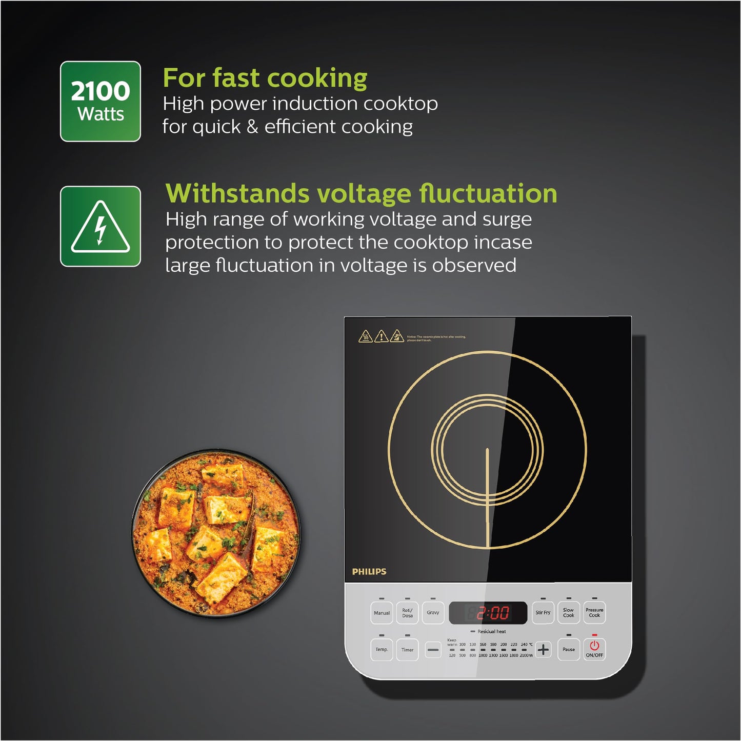 Philips Viva Collection HD4928/01 2100-Watt Induction Cooktop, Soft Touch Button with Crystal Glass (Black) 