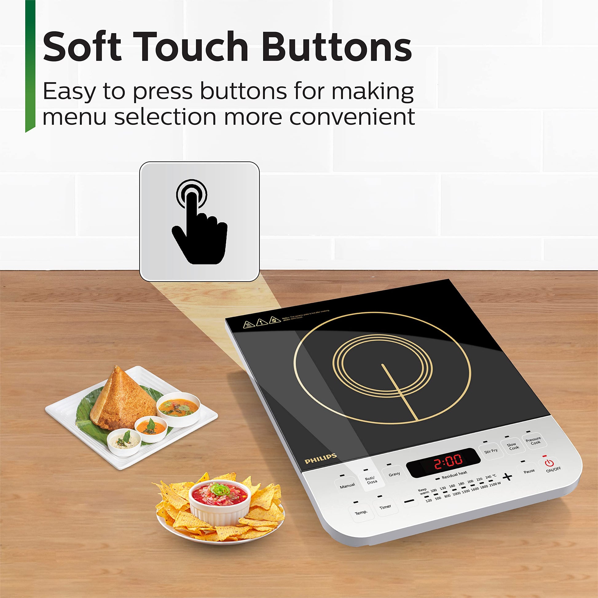 Philips Viva Collection HD4928/01 2100-Watt Induction Cooktop, Soft Touch Button with Crystal Glass (Black) 