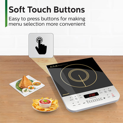 Philips Viva Collection HD4928/01 2100-Watt Induction Cooktop, Soft Touch Button with Crystal Glass (Black) 