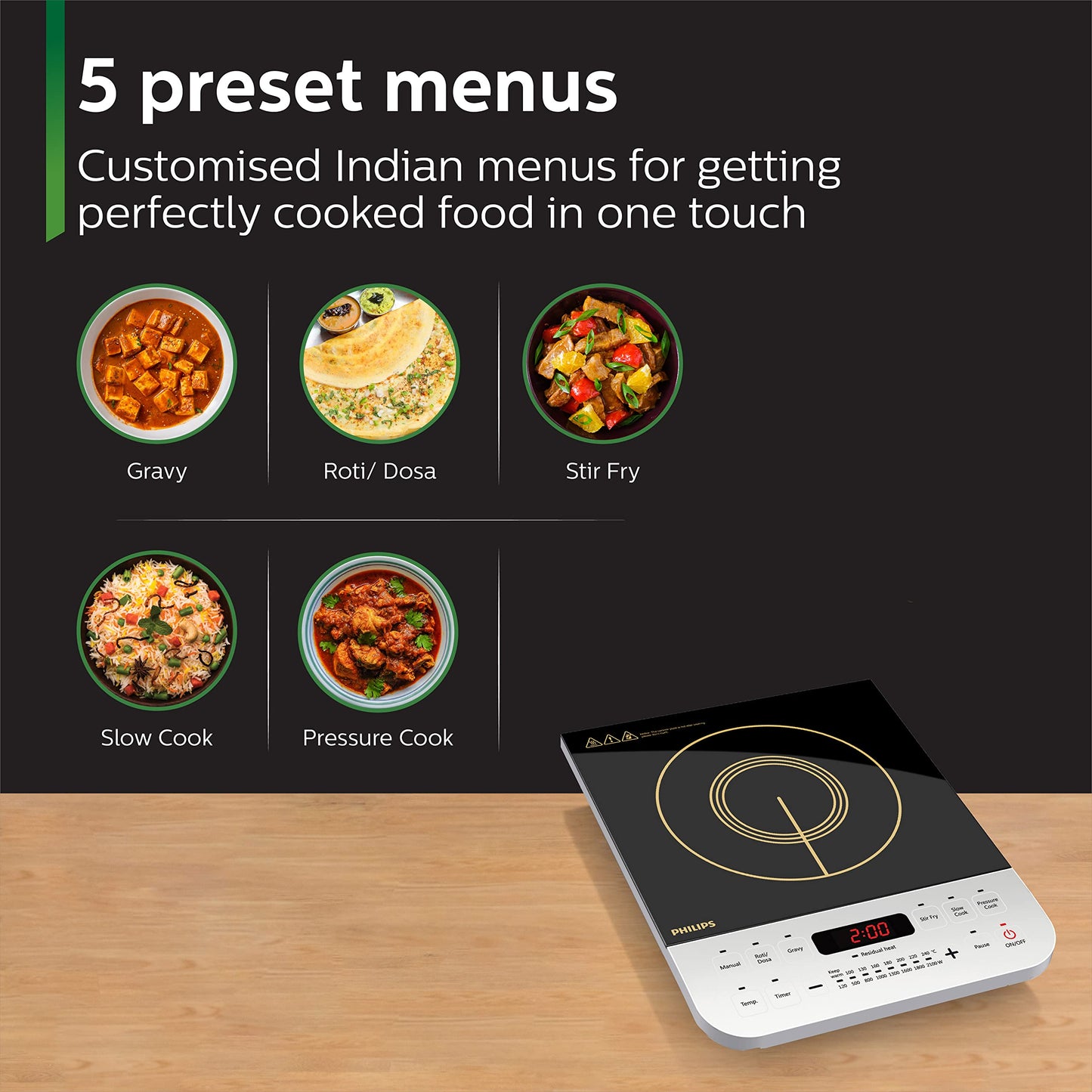 Philips Viva Collection HD4928/01 2100-Watt Induction Cooktop, Soft Touch Button with Crystal Glass (Black) 