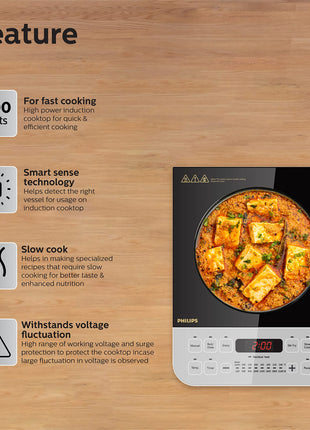 Philips Viva Collection HD4928/01 2100-Watt Induction Cooktop, Soft Touch Button with Crystal Glass (Black) 