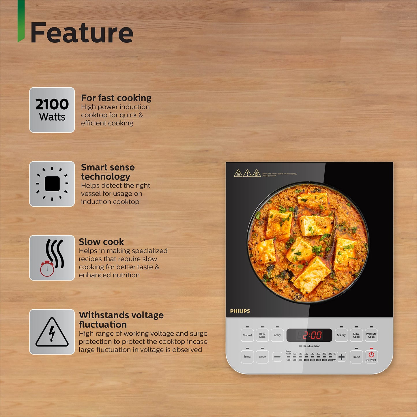 Philips Viva Collection HD4928/01 2100-Watt Induction Cooktop, Soft Touch Button with Crystal Glass (Black) 