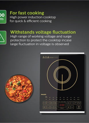 Philips Viva Collection Hd4938/01 2100-Watt Glass Induction Cooktop With Sensor Touch & Full Crystal Glass (Black) 