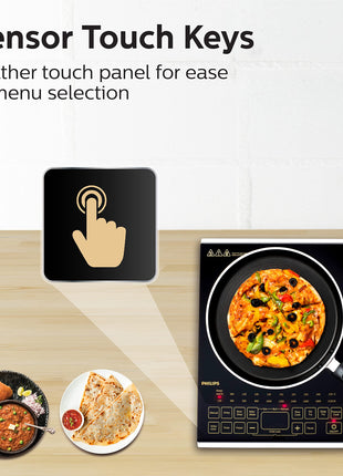Philips Viva Collection Hd4938/01 2100-Watt Glass Induction Cooktop With Sensor Touch & Full Crystal Glass (Black) 