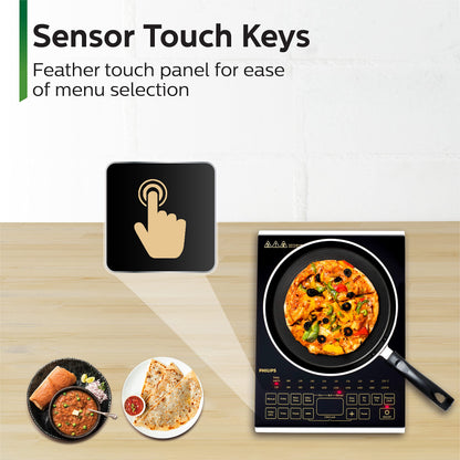 Philips Viva Collection Hd4938/01 2100-Watt Glass Induction Cooktop With Sensor Touch & Full Crystal Glass (Black) 