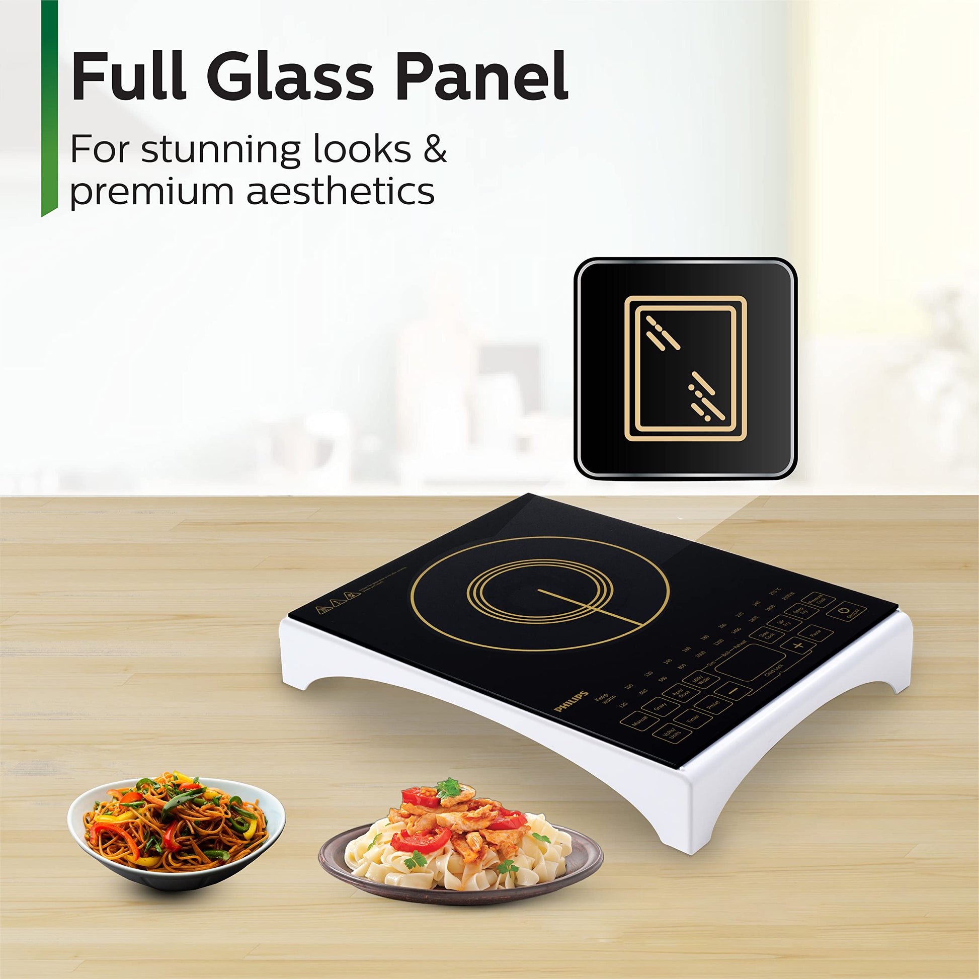 Philips Viva Collection Hd4938/01 2100-Watt Glass Induction Cooktop With Sensor Touch & Full Crystal Glass (Black) 