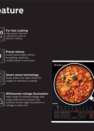 Philips Viva Collection Hd4938/01 2100-Watt Glass Induction Cooktop With Sensor Touch & Full Crystal Glass (Black) 