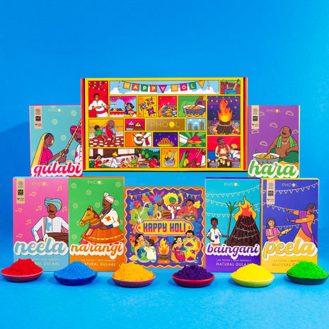 Phool Holi Colour - Rangeela Gift Box - Pack of 6 Natural Colours I 600 GMS (6 Colour x 100 GMS) Pink, Green, Blue, Yellow, Orange & Purple I Skin Friendly and Certified I Easy to Remove from Skin 