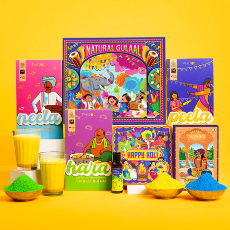 Phool Rang Utsav Natural Gulaal Collection - 3 Vibrant Colors of Skin-Safe Gulaal (100 gm Each) with Kesar Badam Thandai Powder, Kimirica Shower Gel & Holi Greeting Card 