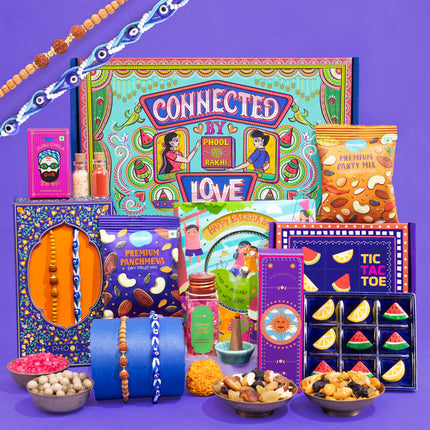 Phool Tera Mera Rakhi Giftbox for Brother |11 Inclusions rakhi gift hamper | 2 Combo Rudraksha & Mystic Braid Rakhi | Dhoop Cone | Farmley Dry Fruit Mix | Guru Chela Mouth Freshener | Tic-Tac-Toe Game | Greeting Card 
