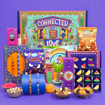Phool Tera Mera Rakhi Giftbox for Brother |11 Inclusions rakhi gift hamper | 2 Combo Rudraksha & Mystic Braid Rakhi | Dhoop Cone | Farmley Dry Fruit Mix | Guru Chela Mouth Freshener | Tic-Tac-Toe Game | Greeting Card 