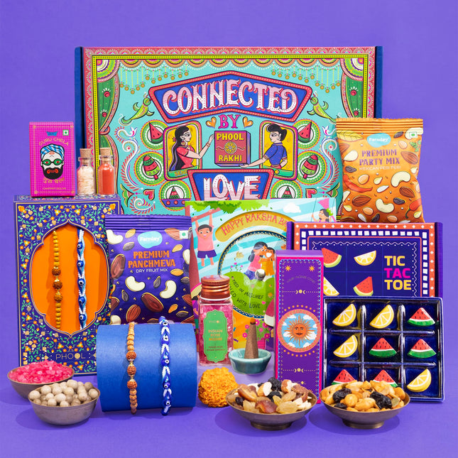 Phool Tera Mera Rakhi Giftbox for Brother |11 Inclusions rakhi gift hamper | 2 Combo Rudraksha & Mystic Braid Rakhi | Dhoop Cone | Farmley Dry Fruit Mix | Guru Chela Mouth Freshener | Tic-Tac-Toe Game | Greeting Card 