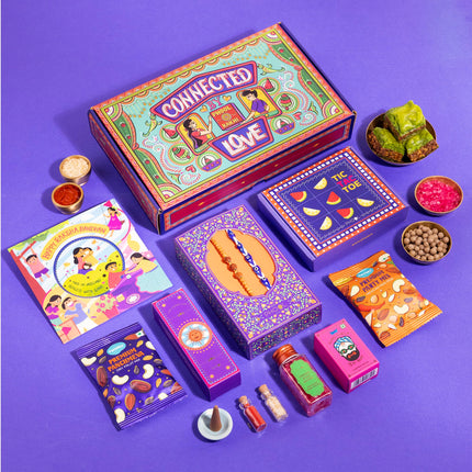Phool Tera Mera Rakhi Giftbox for Brother |11 Inclusions rakhi gift hamper | 2 Combo Rudraksha & Mystic Braid Rakhi | Dhoop Cone | Farmley Dry Fruit Mix | Guru Chela Mouth Freshener | Tic-Tac-Toe Game | Greeting Card 