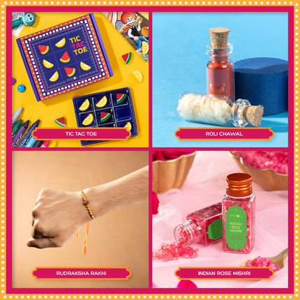 Phool Tera Mera Rakhi Giftbox for Brother |11 Inclusions rakhi gift hamper | 2 Combo Rudraksha & Mystic Braid Rakhi | Dhoop Cone | Farmley Dry Fruit Mix | Guru Chela Mouth Freshener | Tic-Tac-Toe Game | Greeting Card 