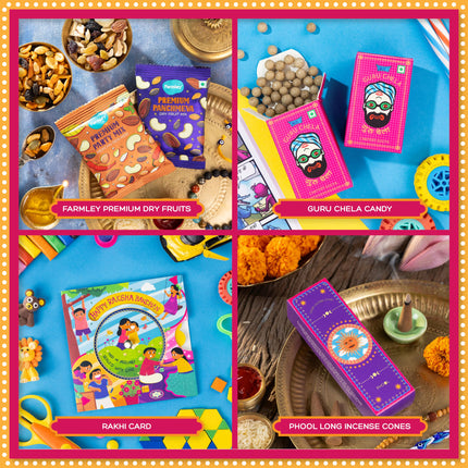 Phool Tera Mera Rakhi Giftbox for Brother |11 Inclusions rakhi gift hamper | 2 Combo Rudraksha & Mystic Braid Rakhi | Dhoop Cone | Farmley Dry Fruit Mix | Guru Chela Mouth Freshener | Tic-Tac-Toe Game | Greeting Card 