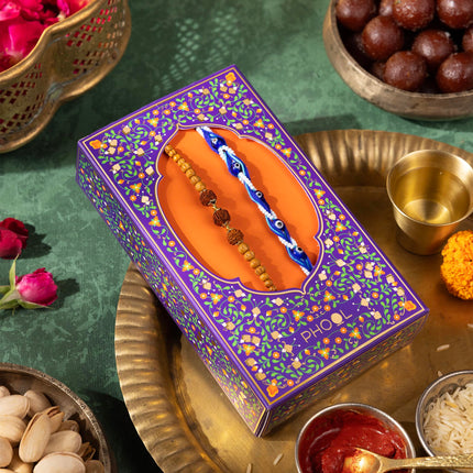 Phool Tera Mera Rakhi Giftbox for Brother |11 Inclusions rakhi gift hamper | 2 Combo Rudraksha & Mystic Braid Rakhi | Dhoop Cone | Farmley Dry Fruit Mix | Guru Chela Mouth Freshener | Tic-Tac-Toe Game | Greeting Card 