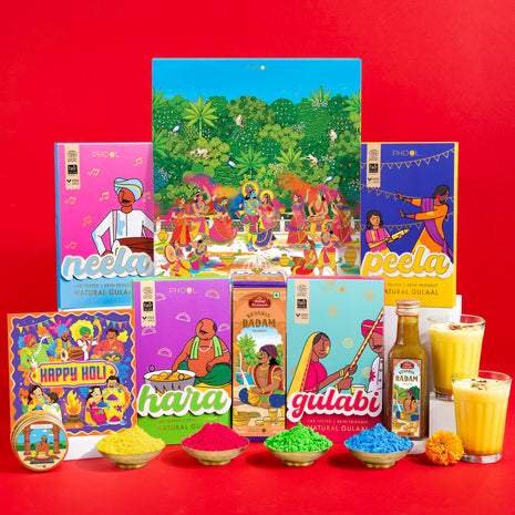 Phool Vrindavan Holi Gulal Collection 4 Vibrant Natural Gulaal Colors with Mishrambu Kesaria Thandai, Chandan Tika, & Holi Greeting Card Premium Holi gulal box Holi colours 