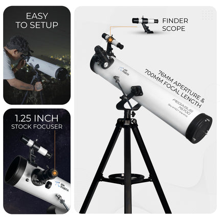 Pie Matrix Pegasus 76700 Newtonian Reflector Telescope with 235x Ultra HD Zoom,Fully Coated Glass Optics,Alt-Az Mount, Professional Telescopes to Explore Moon, Saturn Rings, Planets & Deep Sky Objects 