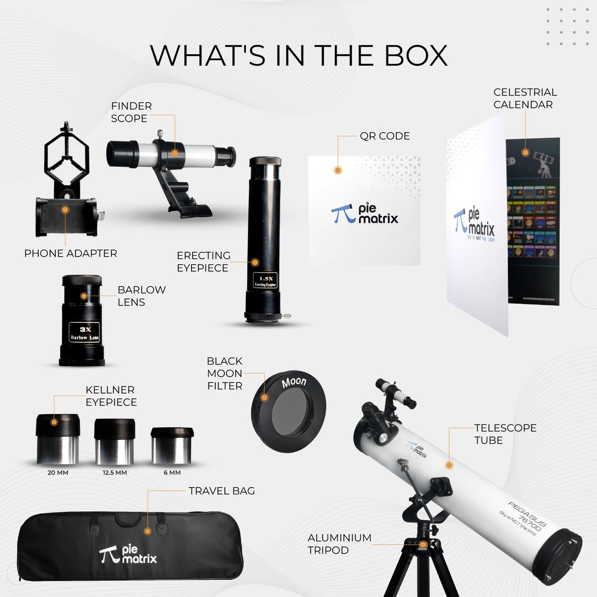 Pie Matrix Pegasus 76700 Newtonian Reflector Telescope with 235x Ultra HD Zoom,Fully Coated Glass Optics,Alt-Az Mount, Professional Telescopes to Explore Moon, Saturn Rings, Planets & Deep Sky Objects 